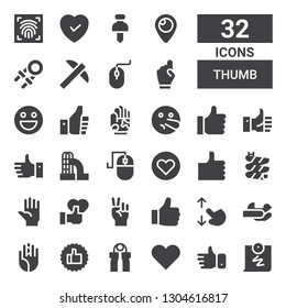 thumb icon set. Collection of 32 filled thumb icons included Push pin, Like, Grip, Thumbs up, Hand palm, Hands, Touch screen, Hand, Slide, Computer mouse, Liar, Emoticon, Pick