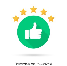 Thumb up icon with shadow. Star rating customer satisfaction