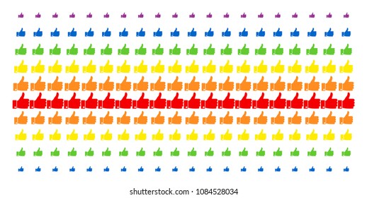 Thumb Up icon spectral halftone pattern. Vector pictograms organized into halftone grid with vertical spectrum gradient. Designed for backgrounds, covers, templates and abstraction concepts.