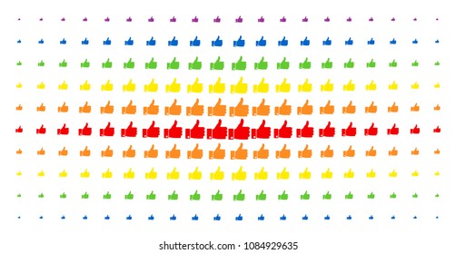 Thumb up icon spectrum halftone pattern. Vector thumb up items are arranged into halftone matrix with vertical spectral gradient. Designed for backgrounds, covers, templates and abstraction effects.