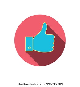 Thumb up  icon. Super cool vote sign. Red flat circle button. Linear icon with shadow. Vector