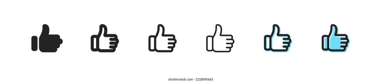 Thumb up icon. Vector like symbol. Simple finger up outline signs. Positive web sign. Nice hand set. Like button. Cool, yes, okay, vote, dislike, down, good, approve flat icons