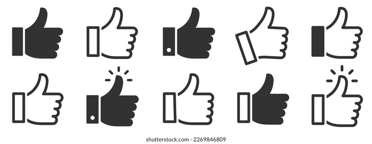 Thumb up icons collection. Thumbs up or like sign. Yes, good sumbol. Flat style and outline - stock vector.