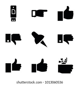 Thumb icons. set of 9 editable filled thumb icons such as pointing, thumb up, usb drive, thumbs up, dislike, pin