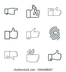 Thumb icons. set of 9 editable outline thumb icons such as pointing, like, thumb up, injured finger, finger print
