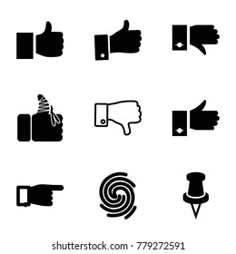 Thumb icons. set of 9 editable filled and outline thumb icons such as pointing, like, pin, injured finger, thumb up, finger print