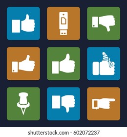 thumb icons set. Set of 9 thumb filled icons such as pointing, thumb up, dislike, pin, injured finger, thumbs up, like