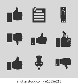 Thumb icons set. set of 9 thumb filled icons such as thumb up, dislike, pin, injured finger, paper pin, thumbs up