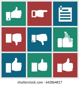 Thumb icons set. set of 9 thumb filled icons such as pointing, dislike, injured finger, paper pin, thumb up, thumbs up