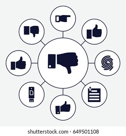 Thumb icons set. set of 9 thumb filled icons such as pointing, dislike, paper pin, thumb up, finger print, thumbs up