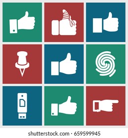 Thumb icons set. set of 9 thumb filled icons such as pointing, thumb up, pin, injured finger, finger print, thumbs up, like