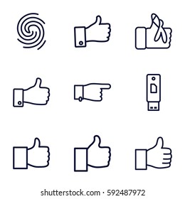 thumb icons set. Set of 9 thumb outline icons such as pointing, thumb up, injured finger, finger print, like, thumbs up