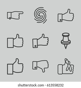 Thumb icons set. set of 9 thumb outline icons such as pointing, thumb up, dislike, pin, injured finger, finger print