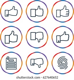 Thumb icons set. set of 9 thumb outline icons such as thumb up, dislike, paper pin, finger print, like