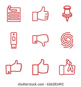 Thumb icons set. set of 9 thumb outline icons such as dislike, pin, injured finger, paper pin, thumb up, finger print, thumbs up