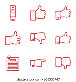 Thumb icons set. set of 9 thumb outline icons such as pointing, thumb up, dislike, paper pin, thumbs up