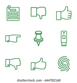 Thumb icons set. set of 9 thumb outline icons such as pointing, thumb up, dislike, pin, paper pin, finger print, thumbs up