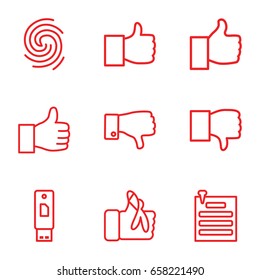 Thumb icons set. set of 9 thumb outline icons such as dislike, injured finger, paper pin, finger print, like, thumbs up, usb drive