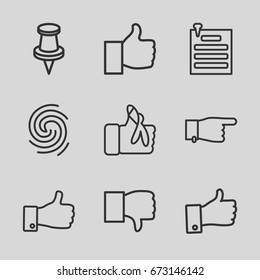 Thumb icons set. set of 9 thumb outline icons such as pointing, thumb up, pin, injured finger, paper pin, finger print