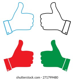 Thumb up icons set. Color collection  - green, red, black, blue