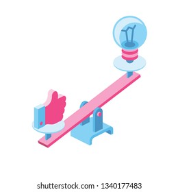 Thumb up and idea on libra 3d vector icon isometric pink and blue color minimalism illustrate