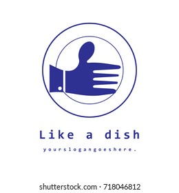Thumb up illustration made from fork and spoon on a dish in blue. Food logo isolated on white background. Vector illustration for canteen, café, catering, product, store. Creative business logotype.