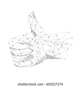 Thumb up isolated on white.Abstract image of geometry triangle,connection structure.Points and shapes.Planets,stars and universe.For web site,backdrop,poster,placard and wallpaper