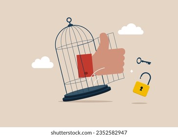 Sube con la llave libre de la jaula. Resolver el problema, identificar el concepto de riesgo o falla crítica. Ilustración vectorial plana.