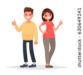 Thumb lifted up. Cool. Man and woman show approval gesture. Vector illustration in a flat style