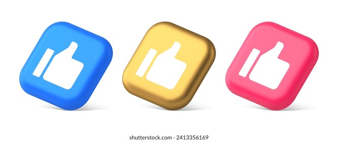 Thumb up like cool button cyberspace approve acceptance communication 3d realistic blue gold and pink icons. Good rating website awesome symbol blogging recommendation