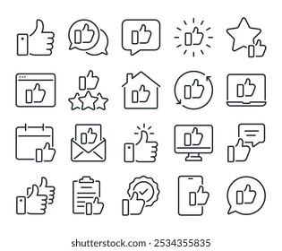 Thumb up and like gesture editable stroke outline icons set isolated on white background flat vector illustration. Pixel perfect. 64 x 64