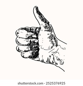 Pulgar hacia arriba como la mano que cuenta la persona de la Ilustración vectorial realista lineal de la señal del gesto del número uno del símbolo aislada en el fondo blanco