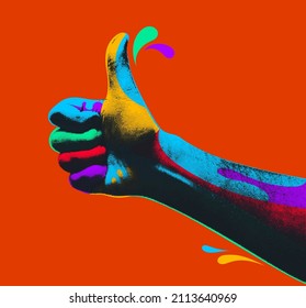 Thumb up like hand halftone with colorful paint splashes vector design.