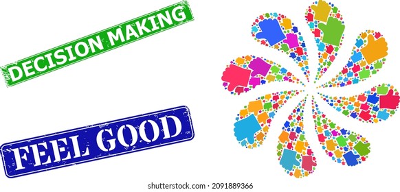 Tirar como pétalos de movimiento giratorio con color de ícono, saludar la composición y enredar el sello de toma de decisiones. Sentimiento azul Buena y verde Decisión Toma sellos de foca de grunge rectangular.