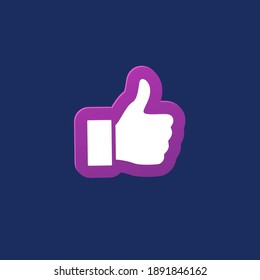 Thumb up like icon. Good, ok or follow symbol vector illustration. Positive social media logo of agreement and satisfaction on blue background. White hand with purple outline.