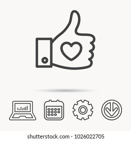 Thumb up like icon. Super cool vote sign. Social media symbol. Notebook, Calendar and Cogwheel signs. Download arrow web icon. Vector