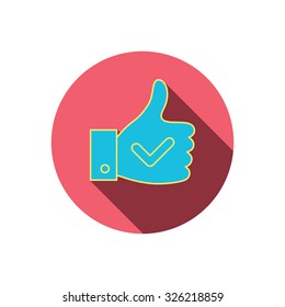 Thumb up like icon. Super cool vote sign. Red flat circle button. Linear icon with shadow. Vector
