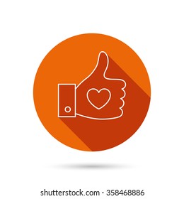 Thumb up like icon. Super cool vote sign. Social media symbol. Round orange web button with shadow.