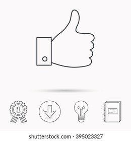 Thumb up like icon. Super cool vote sign. Social media symbol. Download arrow, lamp, learn book and award medal icons.