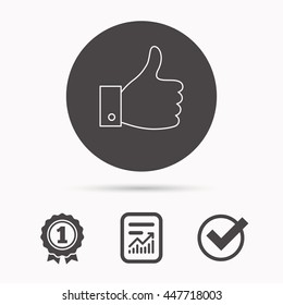 Thumb up like icon. Super cool vote sign. Social media symbol. Report document, winner award and tick. Round circle button with icon. Vector