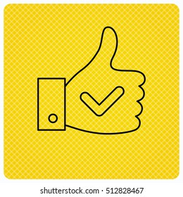 Thumb up like icon. Super cool vote sign. Social media symbol. Linear icon on orange background. Vector