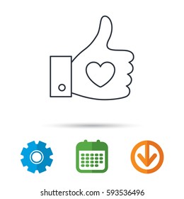 Thumb up like icon. Super cool vote sign. Social media symbol. Calendar, cogwheel and download arrow signs. Colored flat web icons. Vector