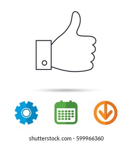 Thumb up like icon. Super cool vote sign. Social media symbol. Calendar, cogwheel and download arrow signs. Colored flat web icons. Vector