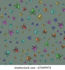 Thumb up like with skeleton bones on grey. Seamless background pattern. Flat vector stock illustration.