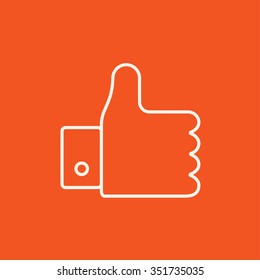 Thumb up line icon for web, mobile and infographics. Vector white icon isolated on red background.