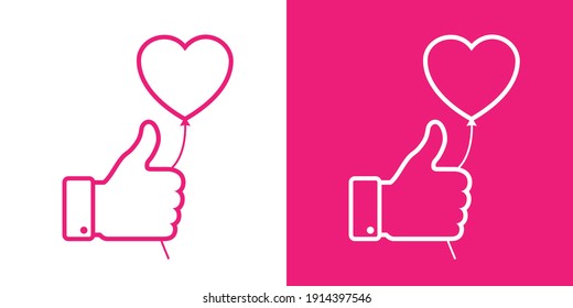 Thumb up linear icon with pink heart balloon. Pink color.  Love vector illustration. Like line set. Valentine's day card concept. Valentines day icon