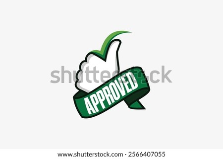 Thumb logo design, check icon symbol with ribbon that says approved