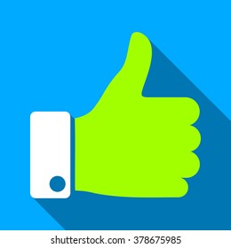 Thumb Up long shadow vector icon. Style is a flat light symbol with rounded angles on a blue square background.