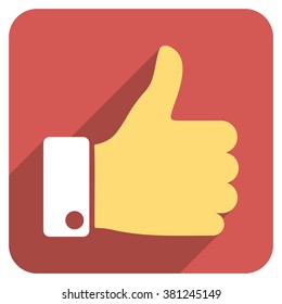 Thumb Up long shadow vector icon. Style is a flat symbol on a red rounded square button.