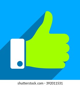 Thumb Up long shadow vector icon. Style is a flat thumb up iconic symbol on a blue square background.